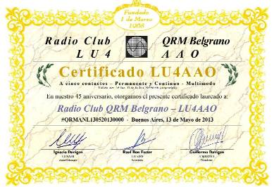 « Permanent Certificate LU4AAO Laureado » award
