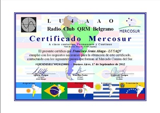«  Certificado Permanente Mercosur Del Radio Club QRM Belgrano  » award