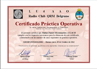 « Certificado Practica Operativa Del Radio Club QRM Belgrano » award